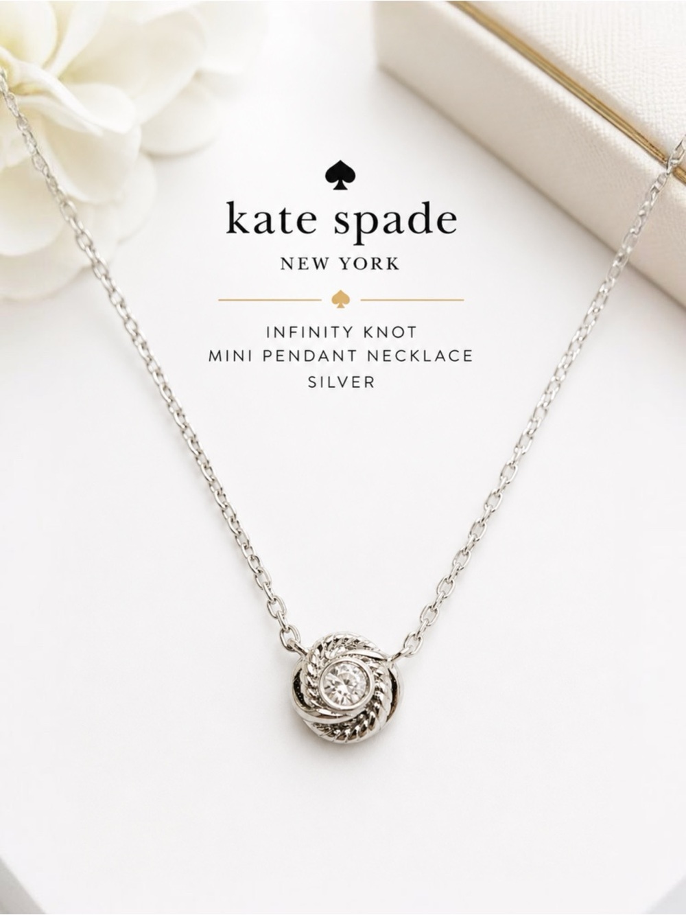 Kate Spade Infinity Knot Crystal Mini Pendant 17”Necklace Silver NWT